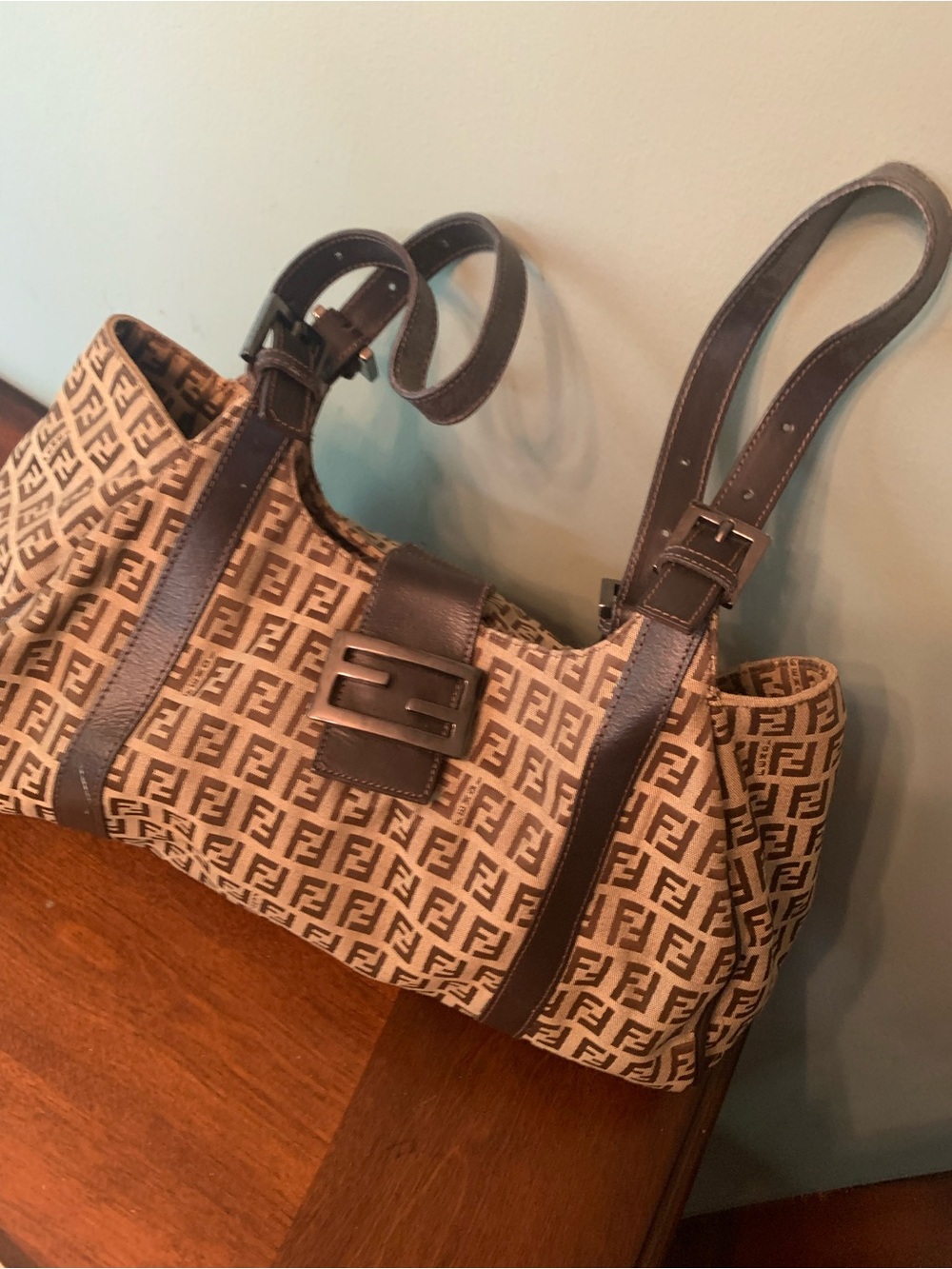 Fendi Tan Monogram Shoulder Bag with Dark Brown Leather Trim